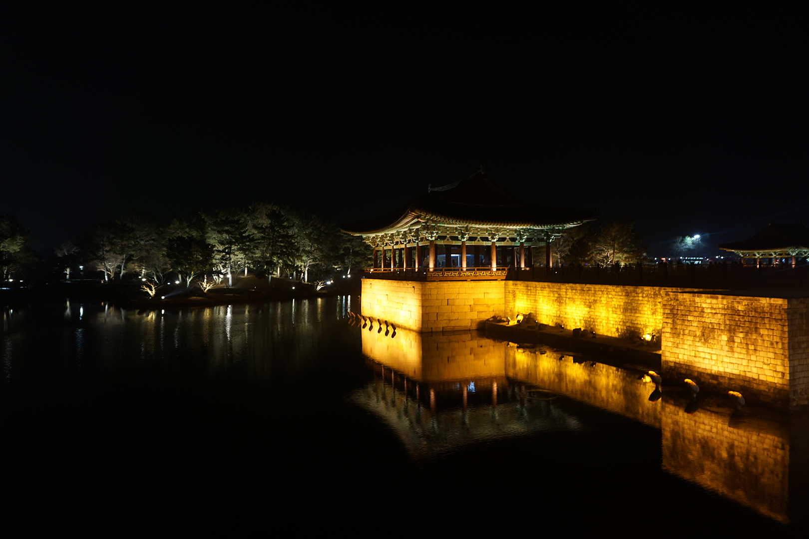 Pond and Korean Architecture lit up at night