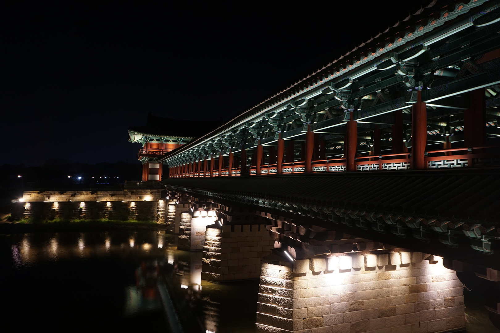 Close-up of bridge with distinct Korean architecture and coloring