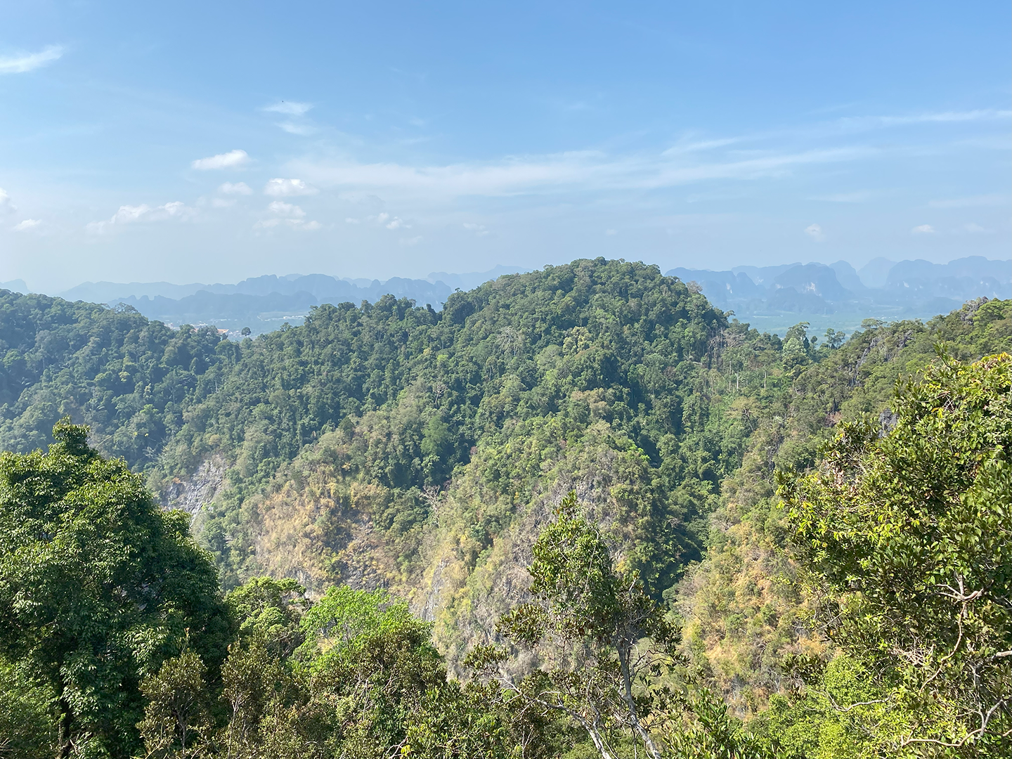 Looking out at the green, mountainous Thai Landscape with a mountain close in the foreground, with more fields and mountains behind