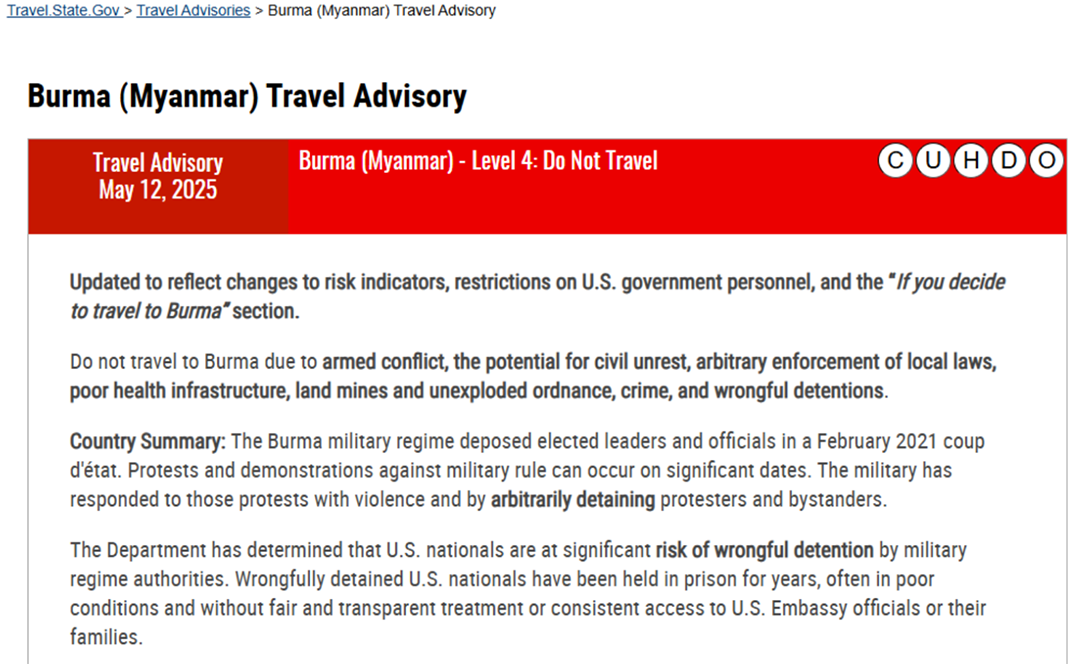 Screenshot of the US Travel Advisory website-Myanmar has a Level 4: Do Not Travel