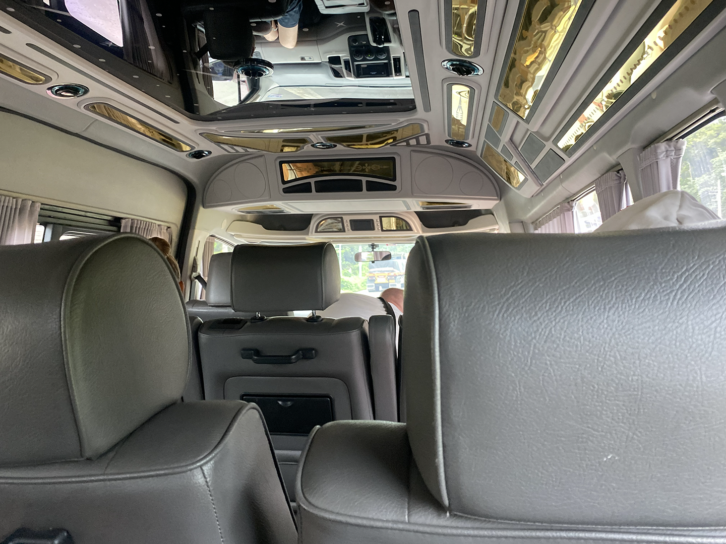 Inside of tour van travelling to Myanmar