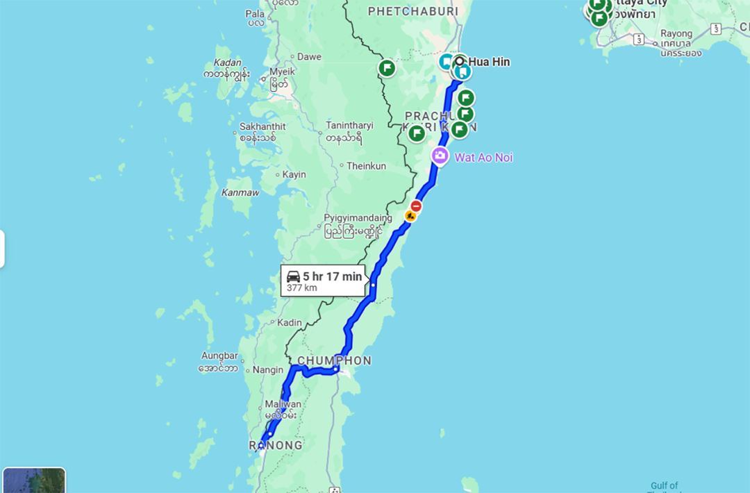 Google Maps image displaying the 5 hour trip from Hua Hin