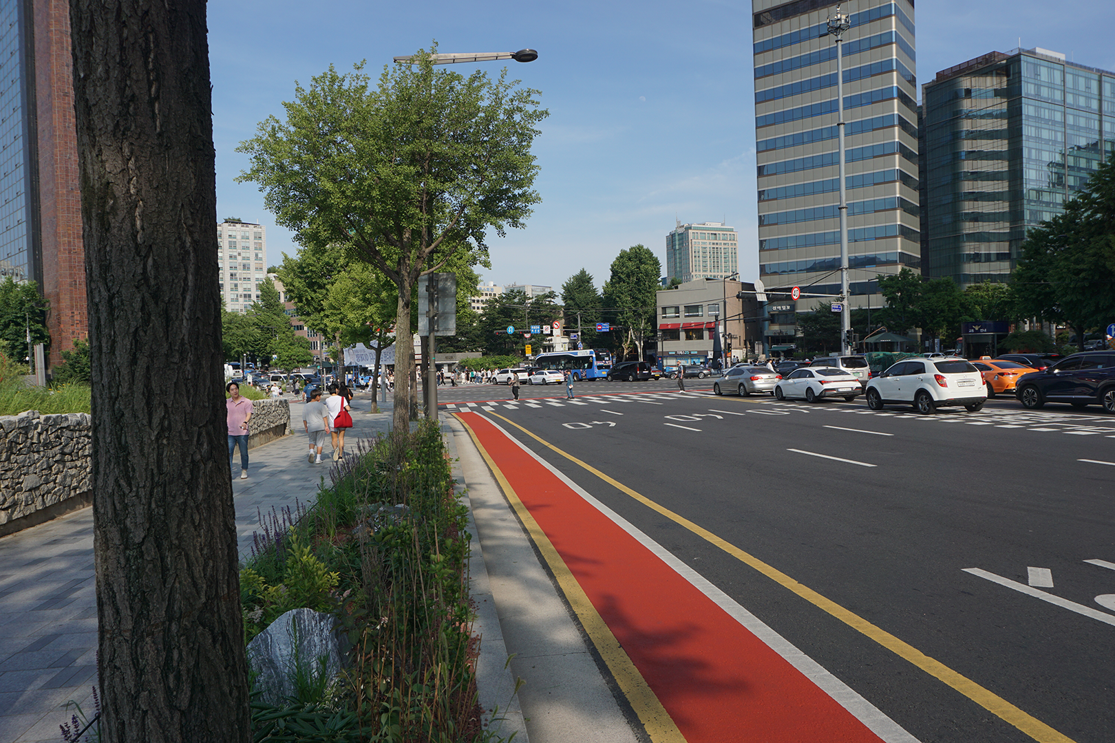 Korean Street with a red bike lane on the side