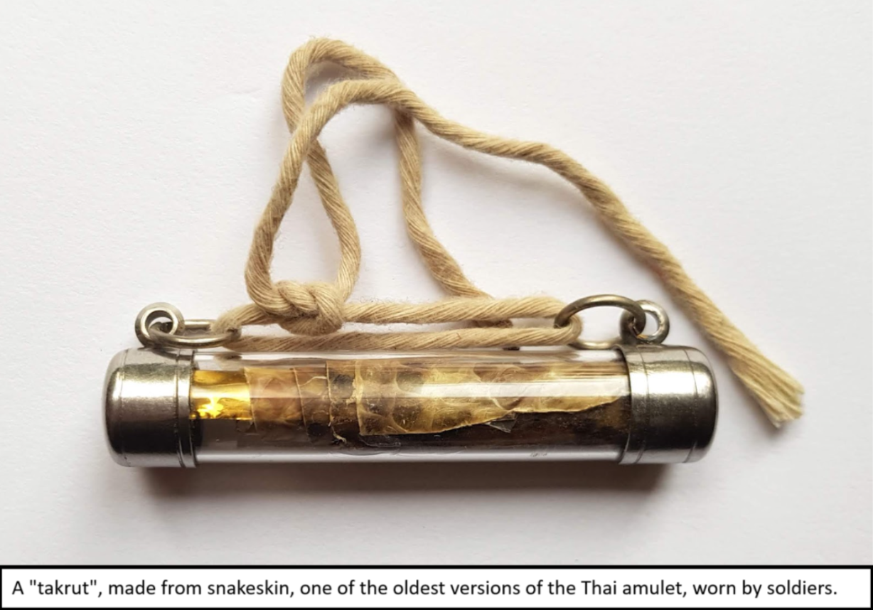 A 'takrut', made from snakeskin, one of the oldest versions of the Thai amulet, worn by soldiers.
